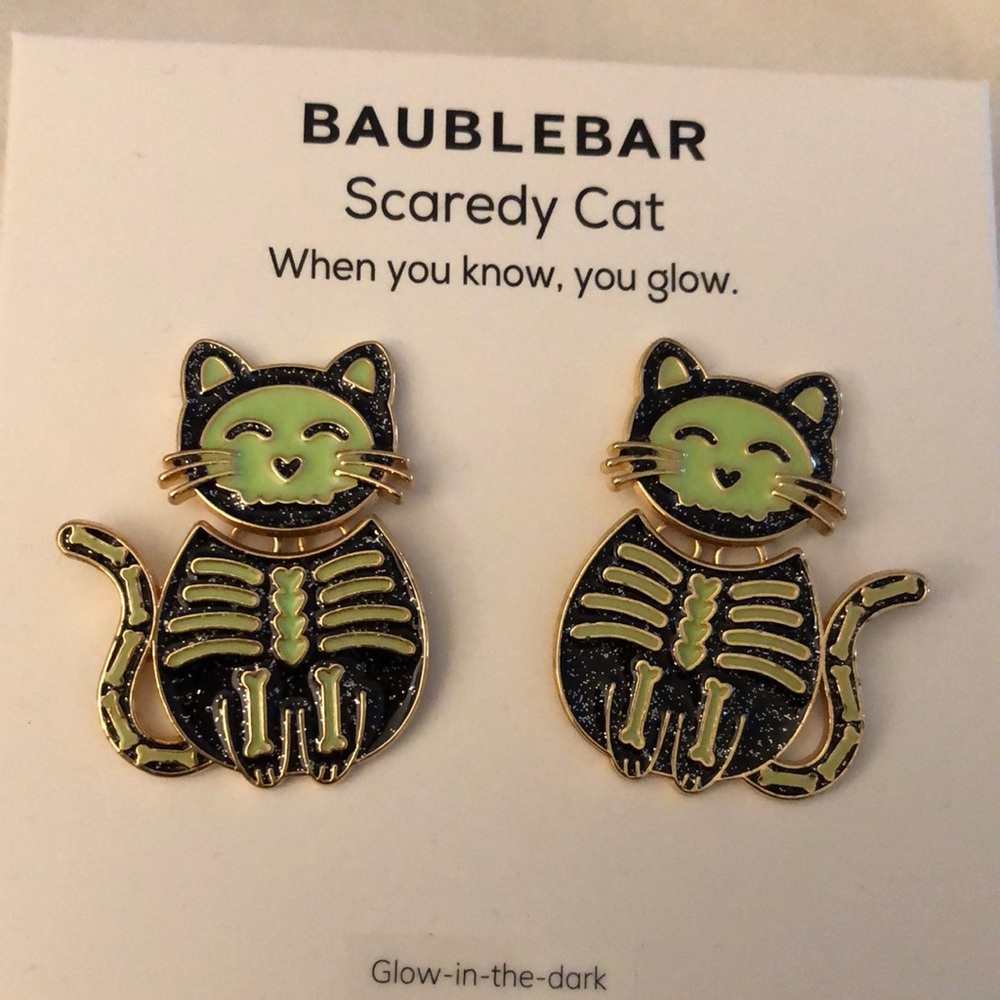 Baublebar Gold Tone Green & Black Scaredy Cat Glow In The Dark Drop Earrings NIB